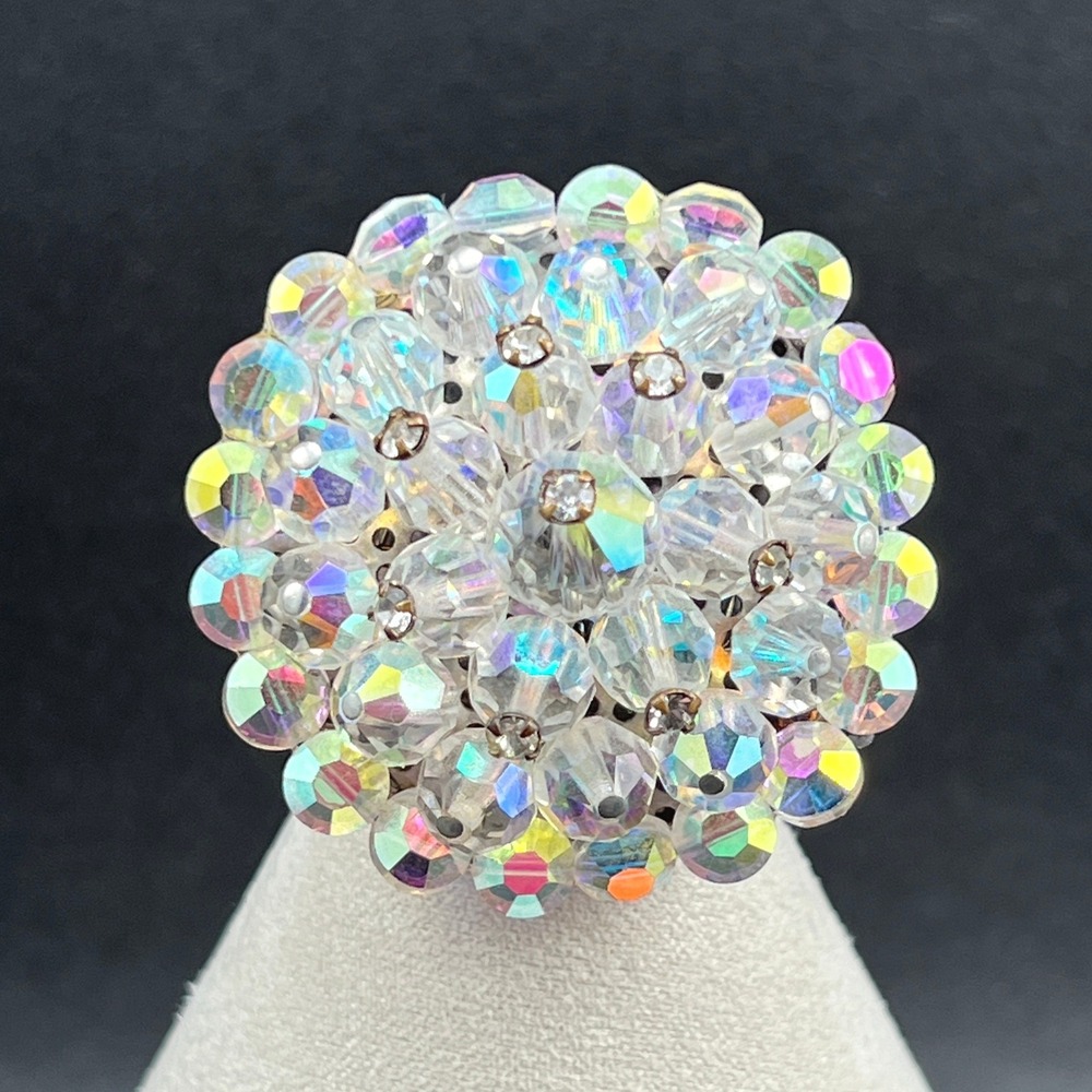 Vintage Brooch AB‎ Crystal Cluster Rhinestones Domed 60s